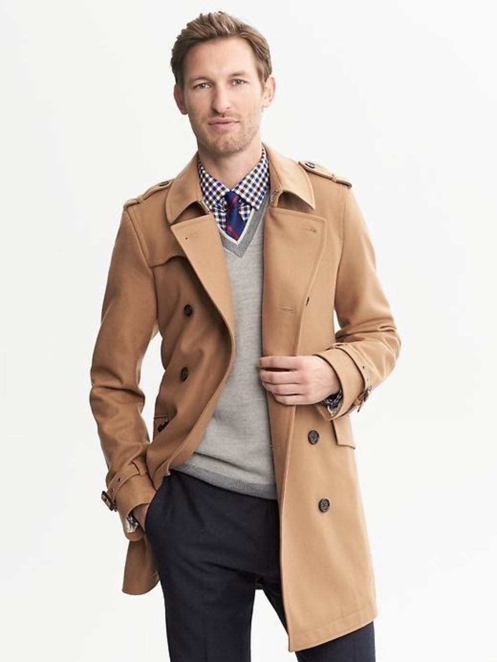 Banana Republic Camel Wool Belted Double Breasted Trench Coat Small
